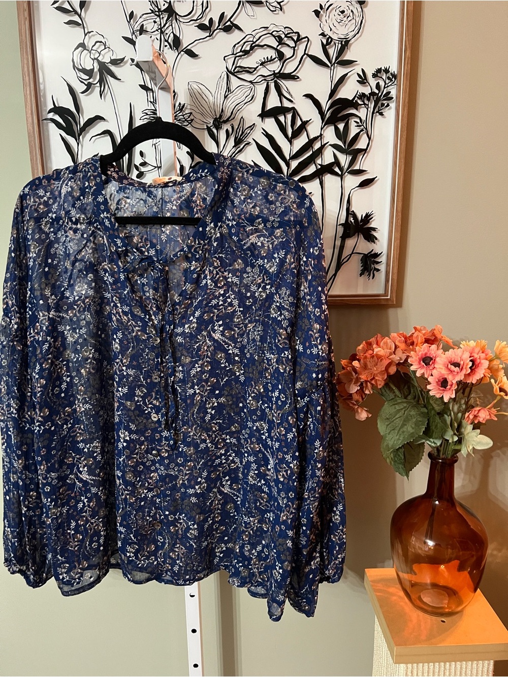 Three Dots Navy Blue Floral Semi-Sheer Lightweight Peasant Boho Blouse Size XL